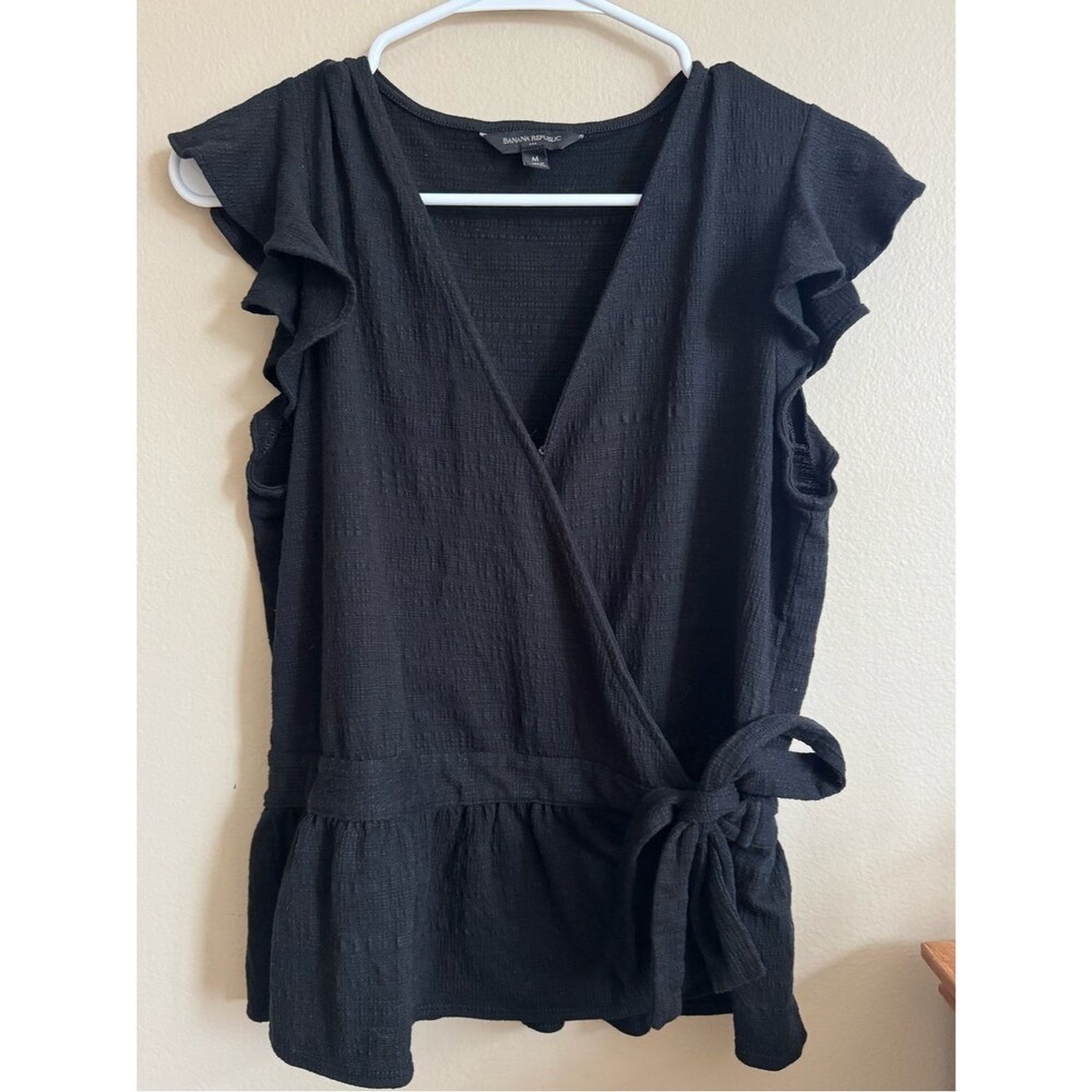 Banana Republic Black Wrap Tie Blouse Womens Medium Ruffle Sleeve
